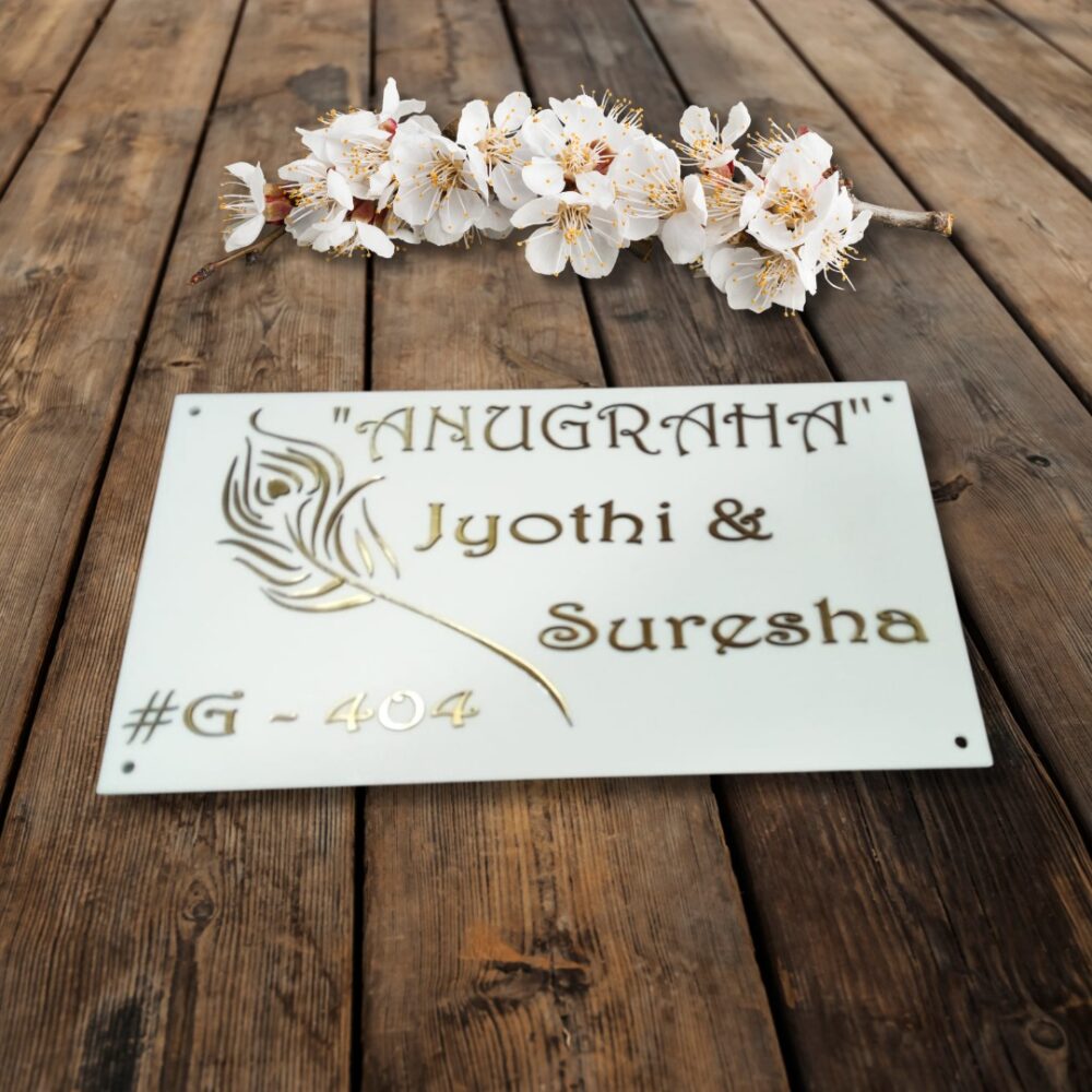 Customizable Acrylic Nameplate with Laser-Cut Peacock Design